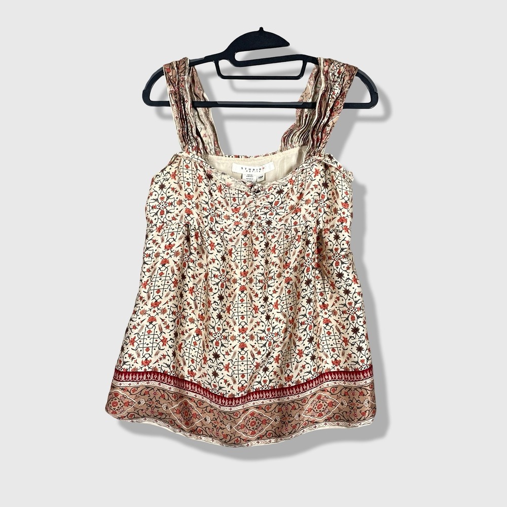 Studio M Silk Tank Top Womens XSP Beige Floral Bohemian Cottagecore Whimsigoth